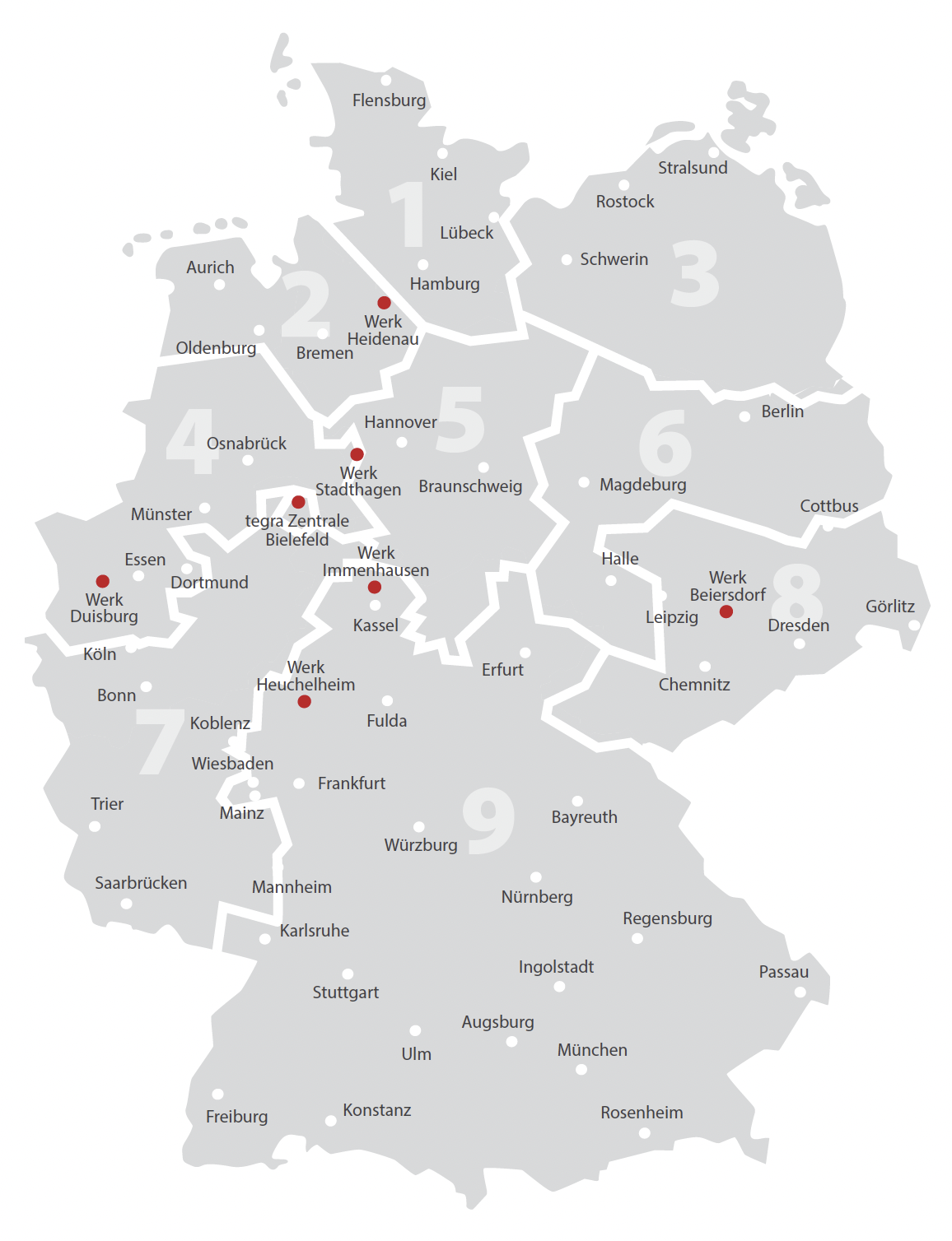 Karte Deutschlands aufgeteilt nach den Vertriebsgebieten
