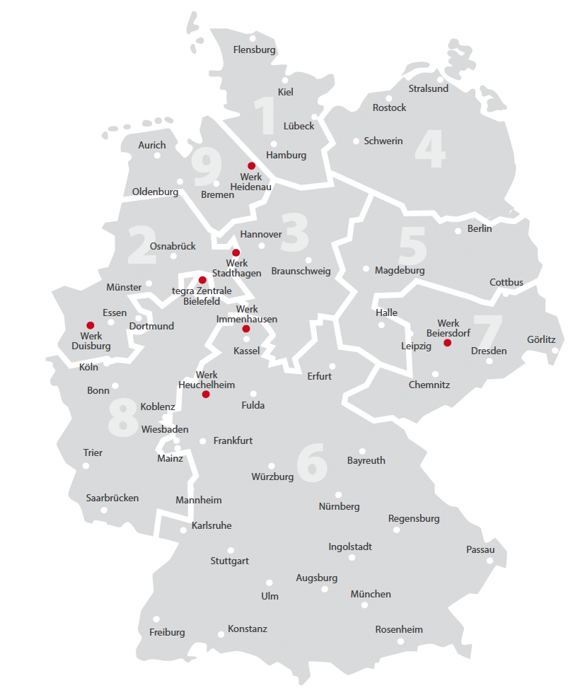 Karte Deutschlands aufgeteilt nach den Vertriebsgebieten